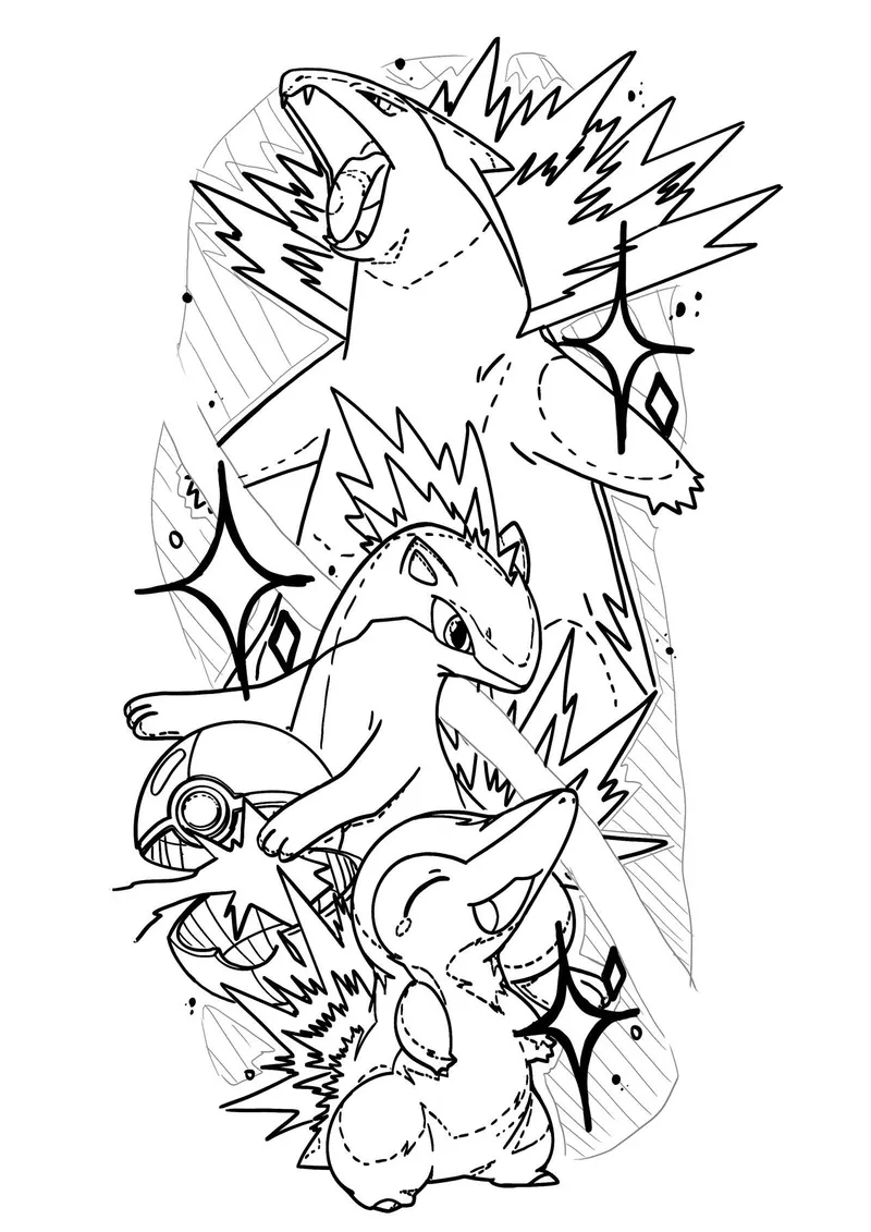 Desenho em traço do projeto da evolução do Cyndaquil, com Quilava, Typhlosion, pokébola e brilhos, feito antes da tatuagem