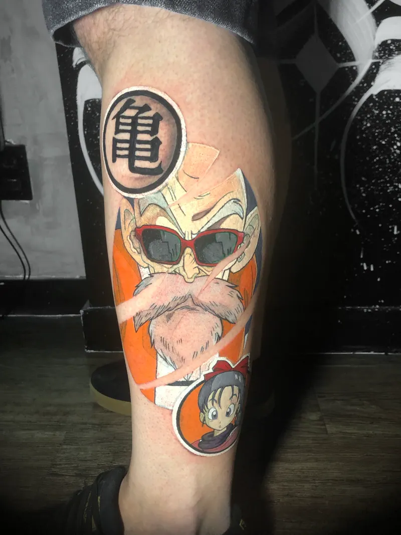 Tatuagem colorida da Bulma com o Mestre Kame e o símbolo da escola Kame (Dragon Ball), panturrilha, uma sessão