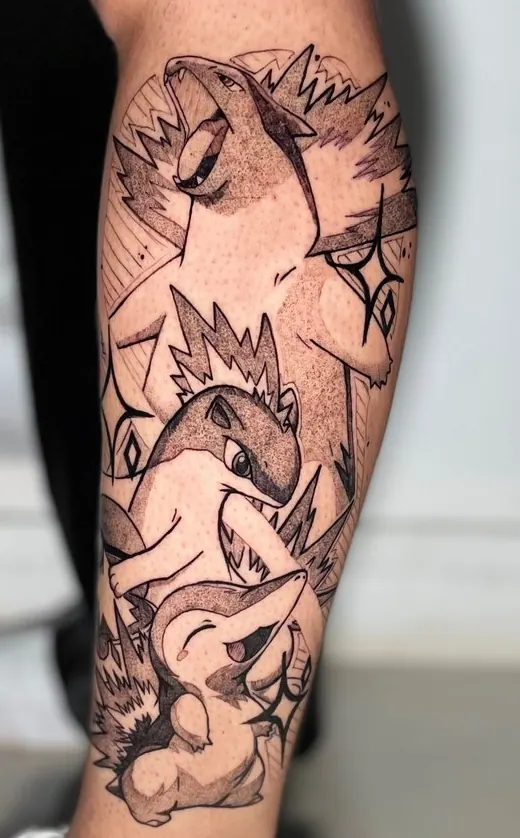 Tatuagem do trio de evolução do Cyndaquil (Pokémon), lateral da panturrilha, uma sessão