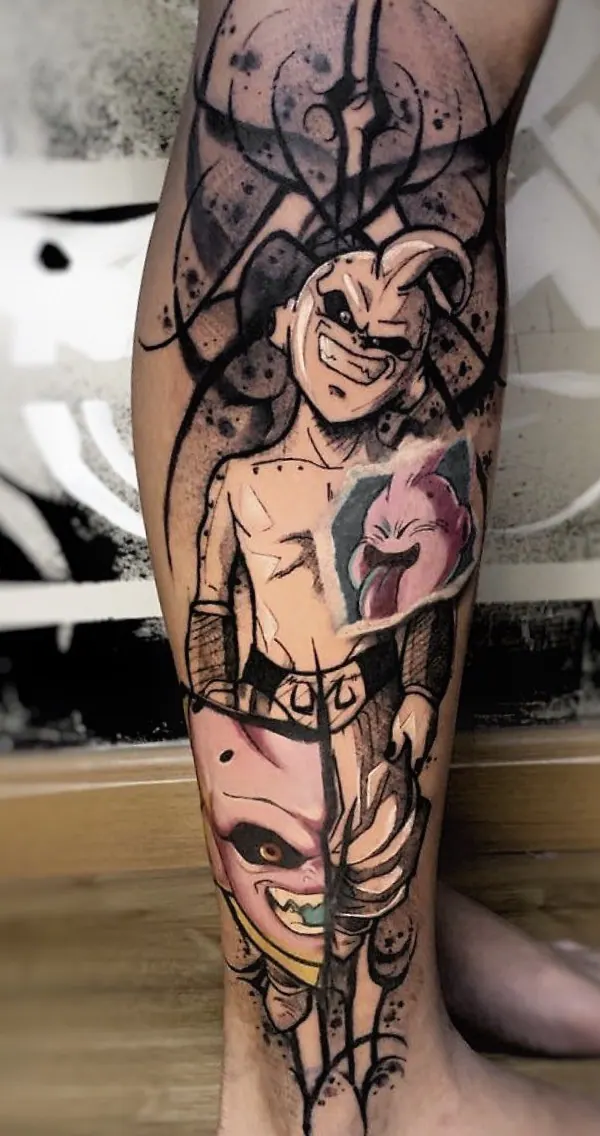 Tatuagem do Kid Boo (Dragon Ball) em blackwork, lateral da panturrilha, uma sessão