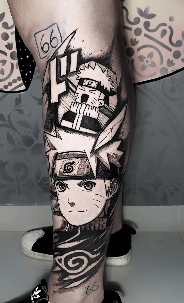 Tatuagem do Naruto em blackwork, fechamento da lateral da panturrilha, uma sessão
