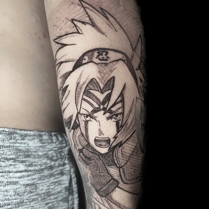 Tatuagem do Naruto jovem gritando, traço de mangá em blackwork, bíceps, uma sessão