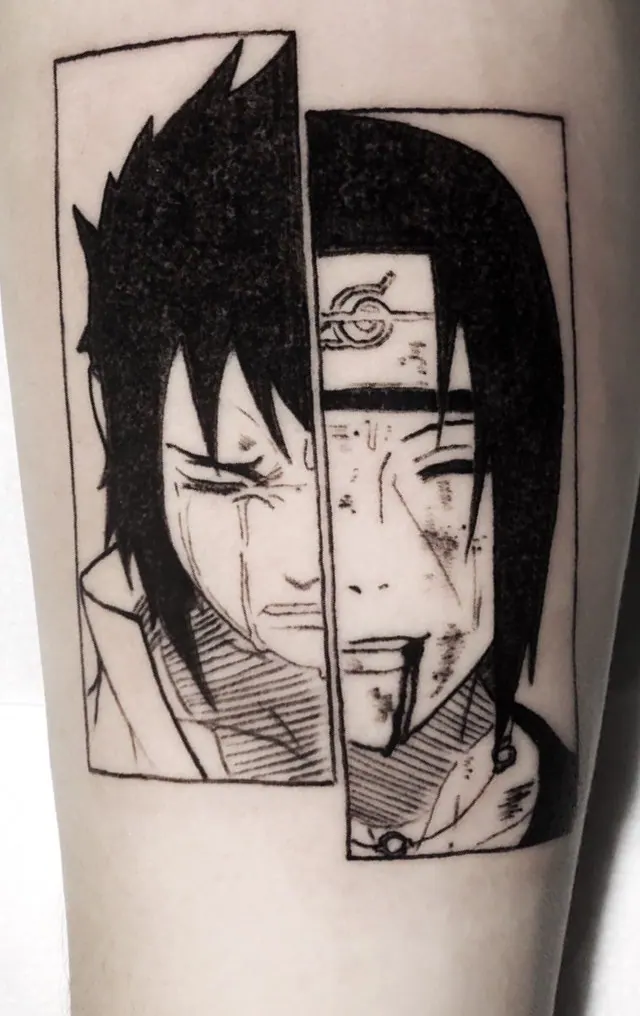 Tatuagem de Sasuke e Itachi (Naruto) em painéis de mangá, blackwork, uma sessão
