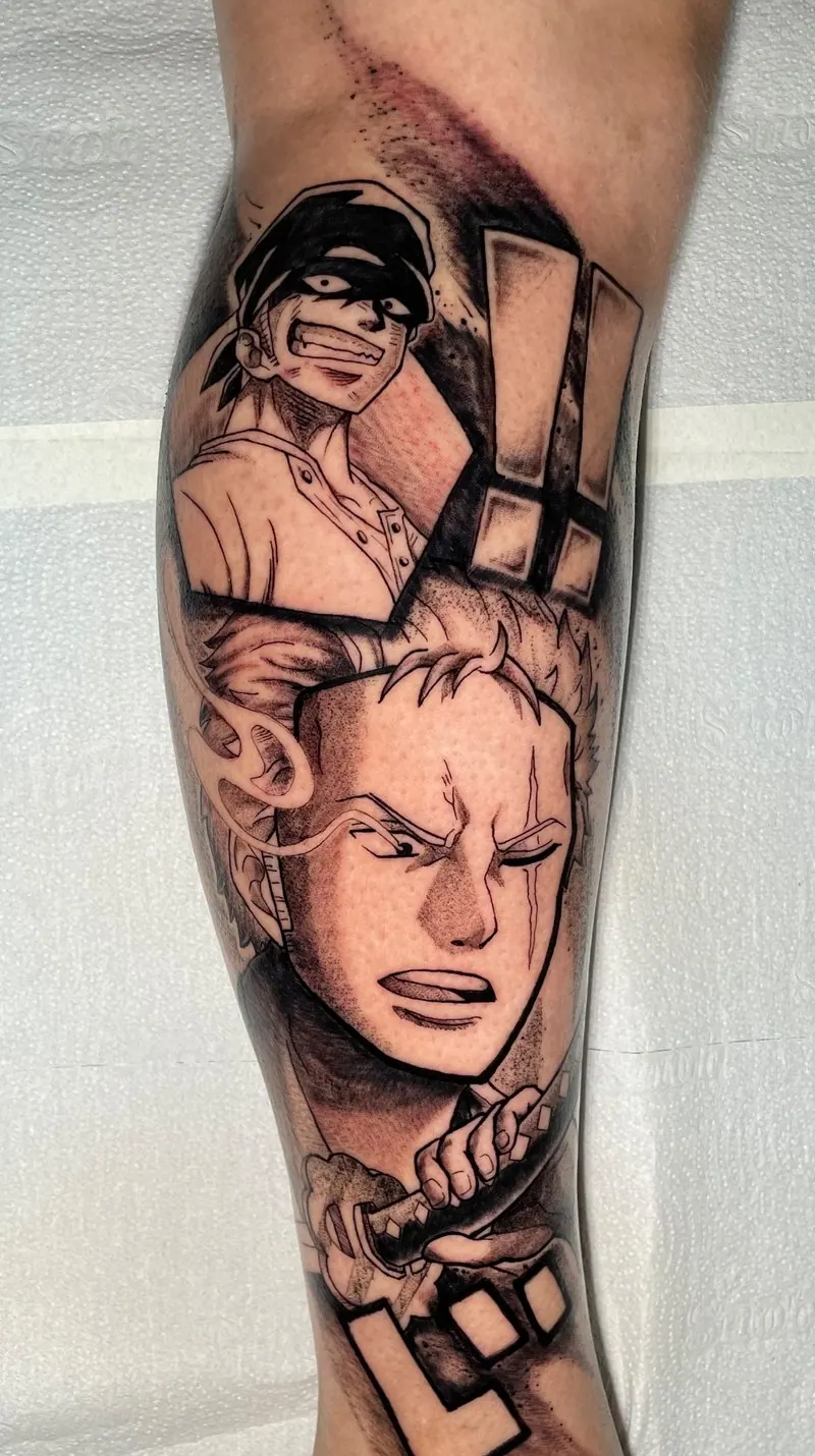 Tatuagem do Zoro (One Piece) com painéis de mangá, lateral da panturrilha, uma sessão